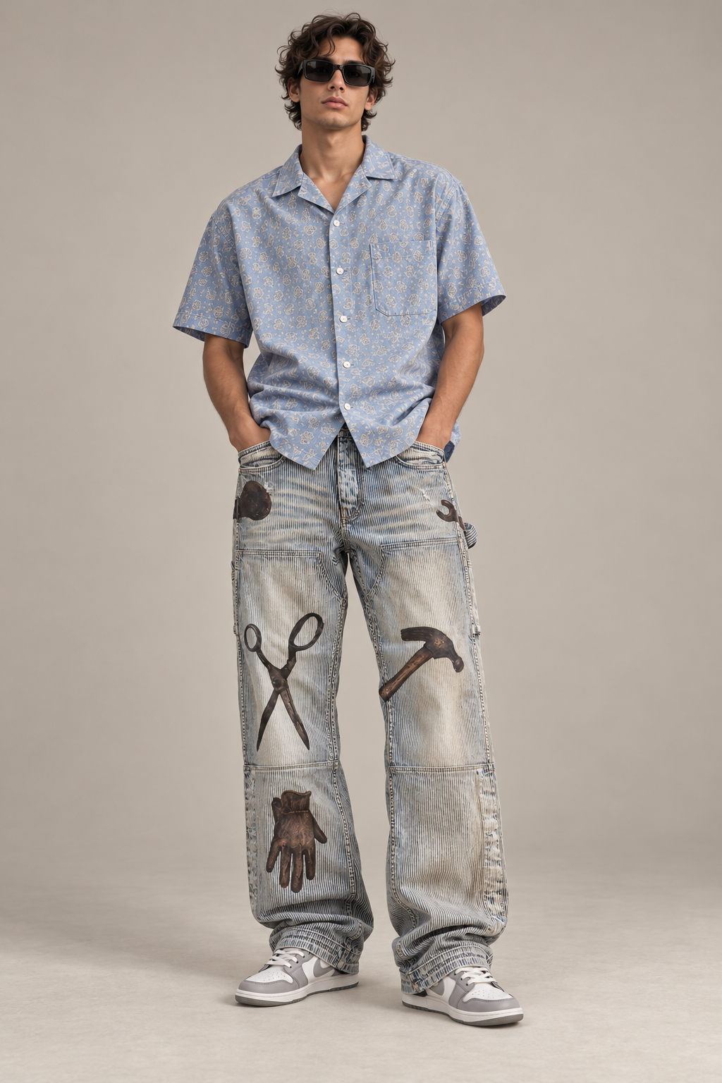 Full-body model wearing the baggy striped patchwork jeans