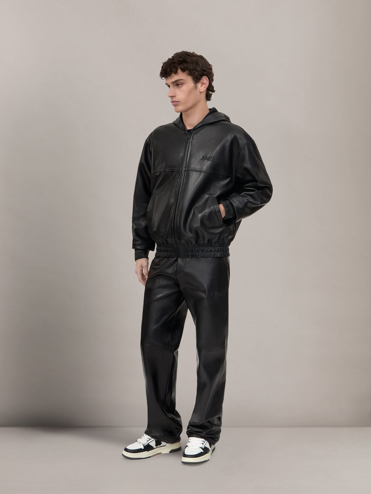 LEATHER OVERSIZED ZIP HOODIE - Black view 3